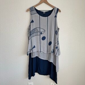 Boho Women's One Size Printed Fish Dress Tunic Lagenlook Artsy Art to Wear Layer